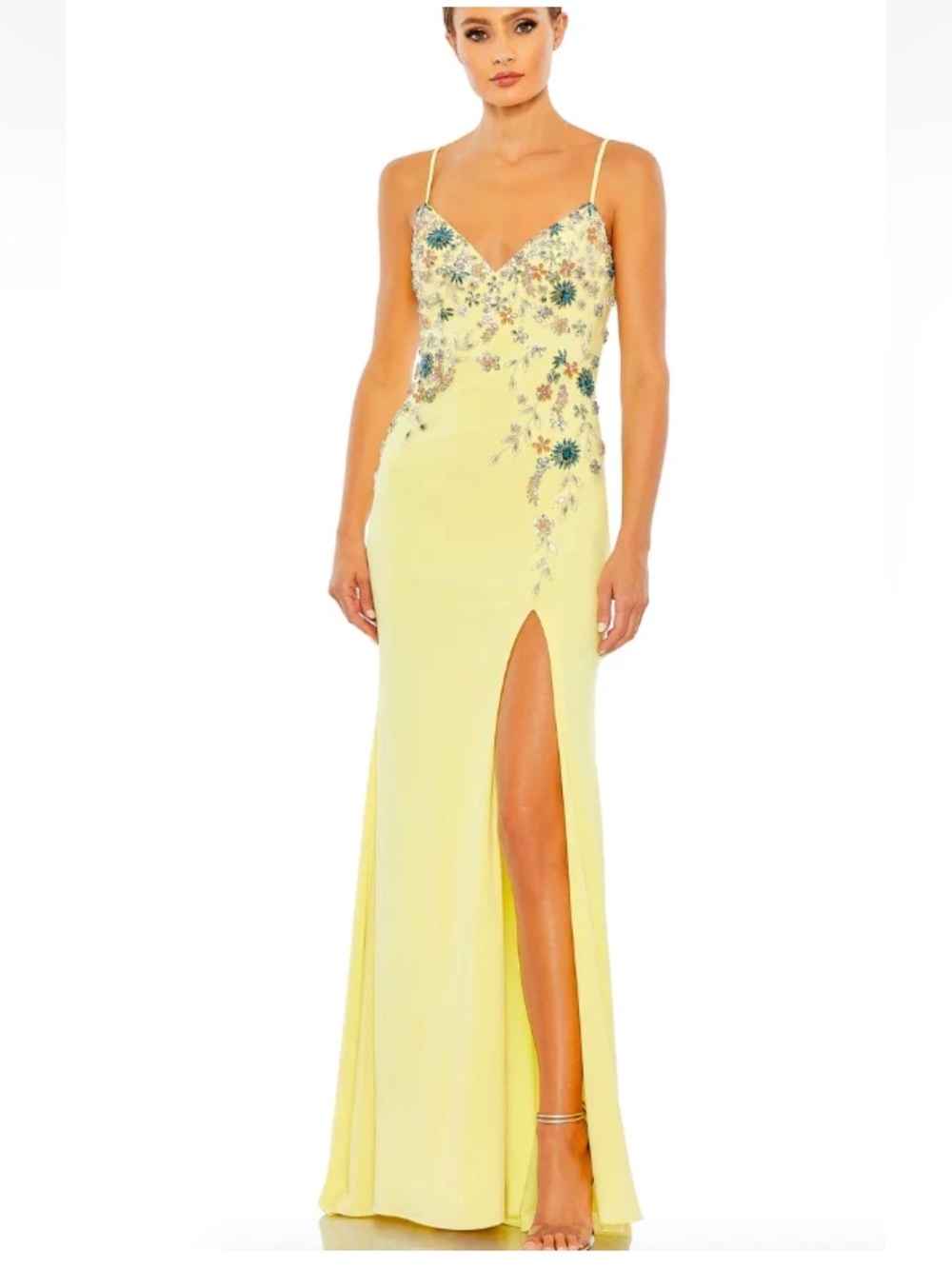 Mac Duggal Yellow Spaghetti Strap Prom Gown with Blue Floral Embroidery